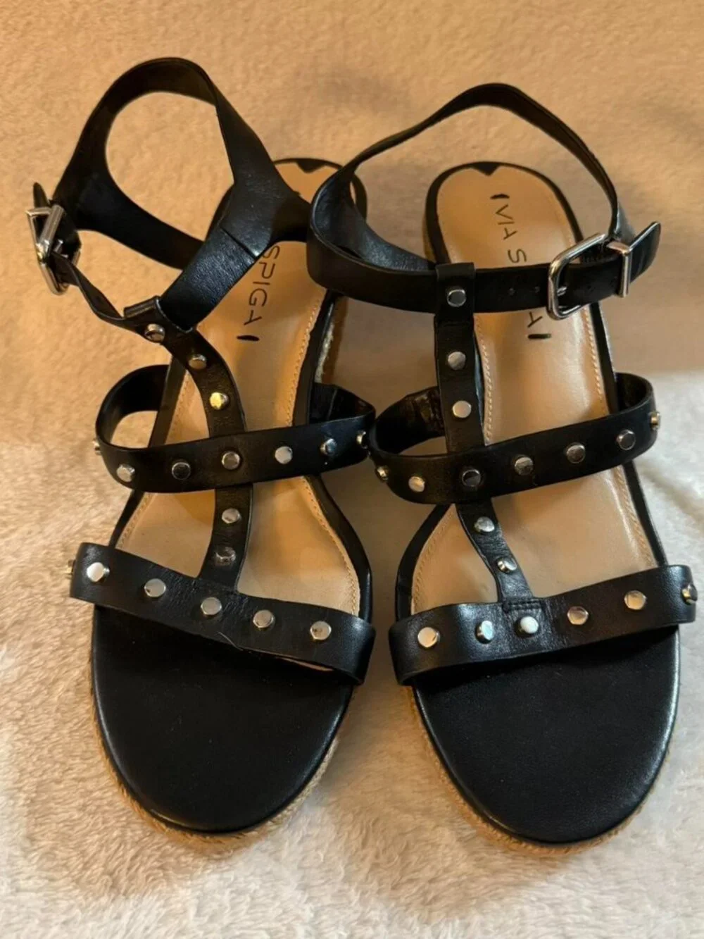 Via Spiga Black Wedges with Silver Studs Straps Buckle Women’s Size 8M